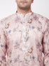Vastramay Men's Pink Floral Printed Silk Blend Kurta