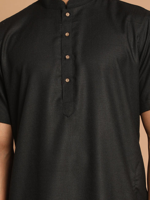 Vastramay Men's Black Solid Kurta with White Pant style Cotton Pyjama Set
