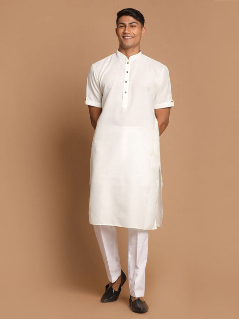 Vastramay Men's Cream Solid Kurta with White Pant style Cotton Pyjama Set