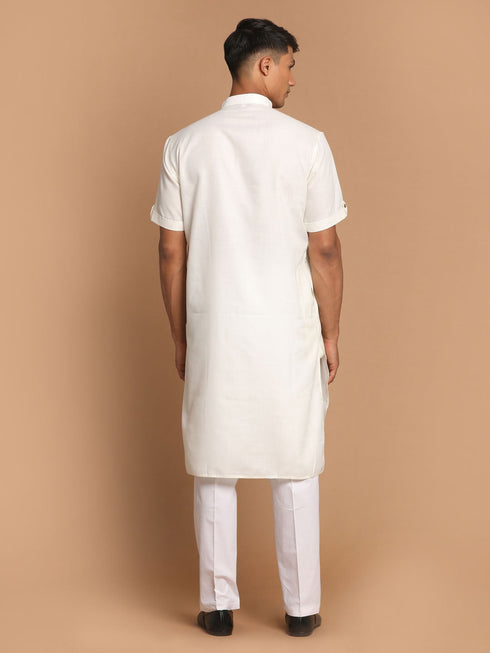 Vastramay Men's Cream Solid Kurta with White Pant style Cotton Pyjama Set