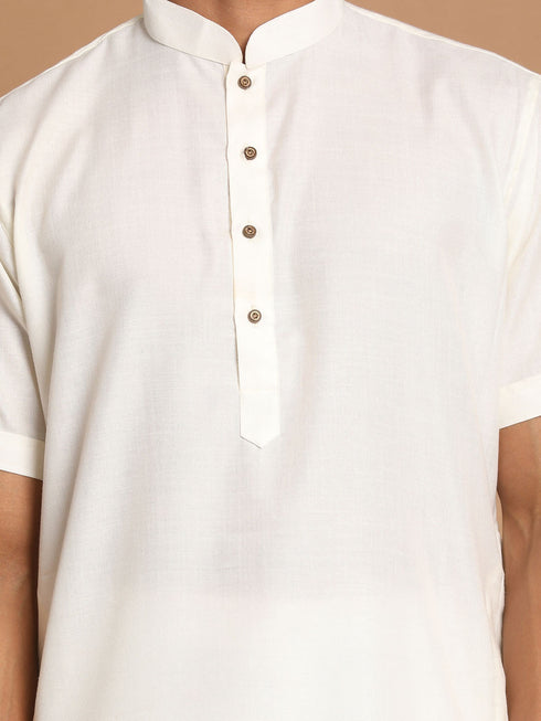 Vastramay Men's Cream Solid Kurta with White Pant style Cotton Pyjama Set