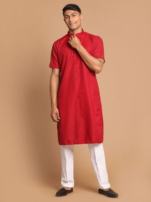 Vastramay Men's Maroon Solid Kurta with White Pant style Cotton Pyjama Set