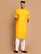 Vastramay Men's Mustard Solid Kurta with White Pant style Cotton Pyjama Set