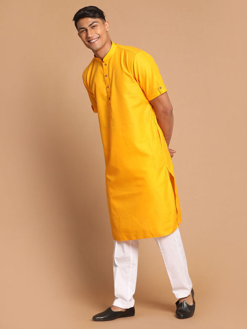 Vastramay Men's Mustard Solid Kurta with White Pant style Cotton Pyjama Set