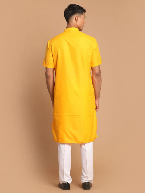Vastramay Men's Mustard Solid Kurta with White Pant style Cotton Pyjama Set