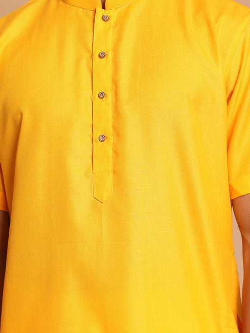 Vastramay Men's Mustard Solid Kurta with White Pant style Cotton Pyjama Set