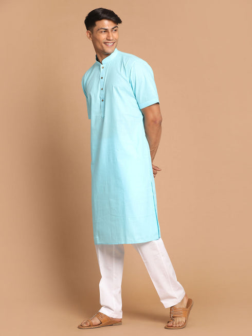 Vastramay Men's Aqua Blue Solid Kurta with White Pant style Cotton Pyjama Set