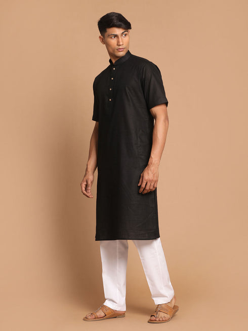 Vastramay Men's Black Solid Kurta with White Pant style Cotton Pyjama Set