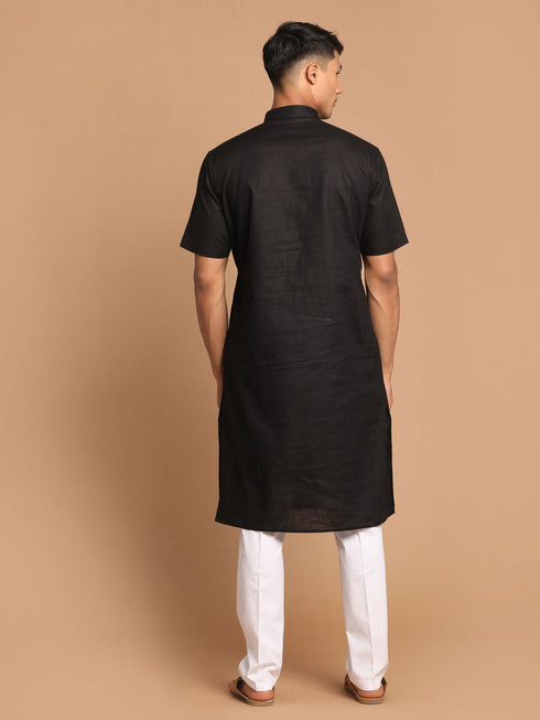 Vastramay Men's Black Solid Kurta with White Pant style Cotton Pyjama Set