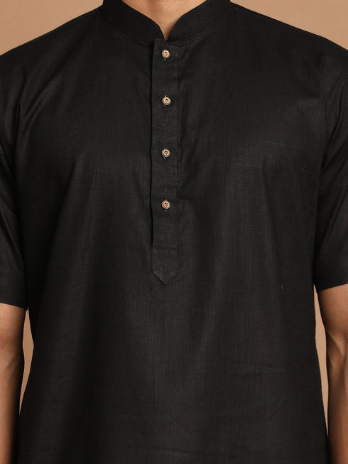 Vastramay Men's Black Solid Kurta with White Pant style Cotton Pyjama Set