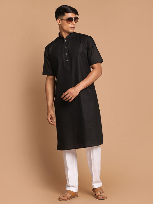 Vastramay Men's Black Solid Kurta with White Pant style Cotton Pyjama Set