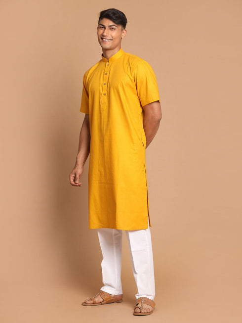 Vastramay Men's Mustard Solid Kurta with White Pant style Cotton Pyjama Set
