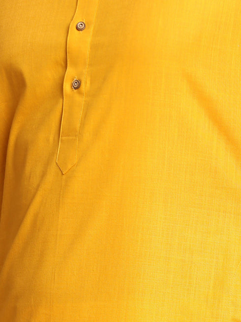 Vastramay Men's Mustard Solid Kurta with White Pant style Cotton Pyjama Set