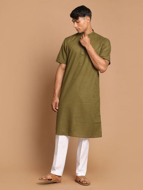 Vastramay Men's Mint Green Solid Kurta with White Pant style Cotton Pyjama Set