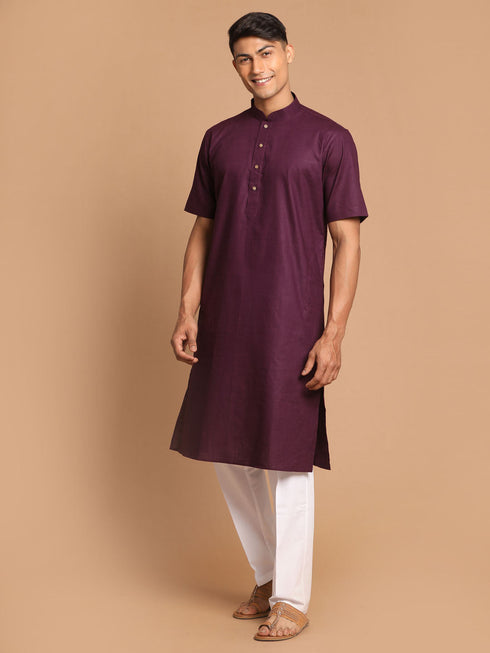 Vastramay Men's Purple Solid Kurta with White Pant style Cotton Pyjama Set