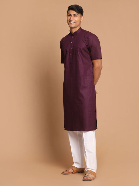 Vastramay Men's Purple Solid Kurta with White Pant style Cotton Pyjama Set