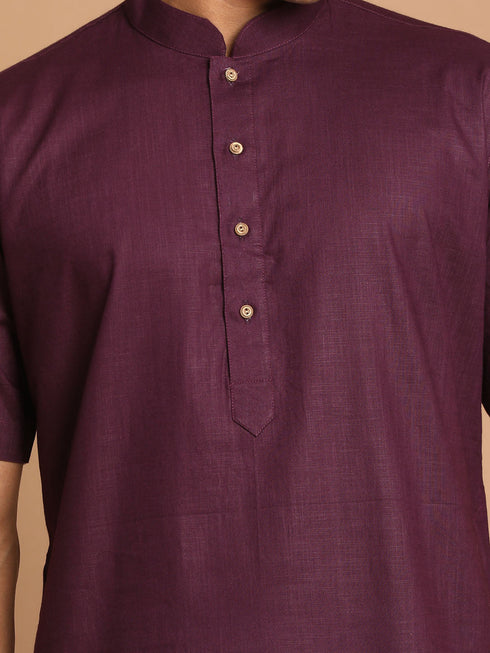 Vastramay Men's Purple Solid Kurta with White Pant style Cotton Pyjama Set