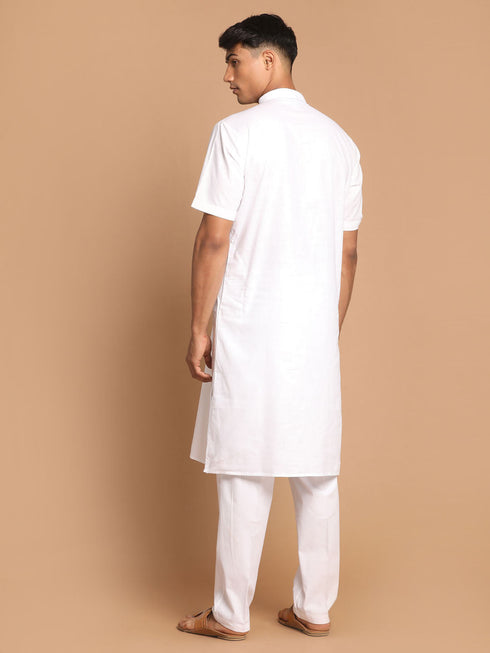 Vastramay Men's White Solid Kurta Pant style Cotton Pyjama Set