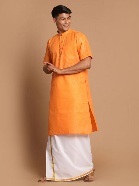 Vastramay Men's Orange Cotton Kurta And Mundu Set