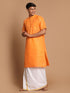 Vastramay Men's Orange Cotton Kurta And Mundu Set