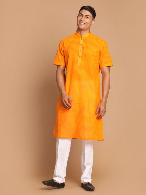 Vastramay Men's Orange Striped Kurta with White Pant style Cotton Pyjama Set