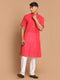 Vastramay Men's Pink Striped Kurta with White Pant style Cotton Pyjama Set