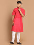 Vastramay Men's Pink Striped Kurta with White Pant style Cotton Pyjama Set