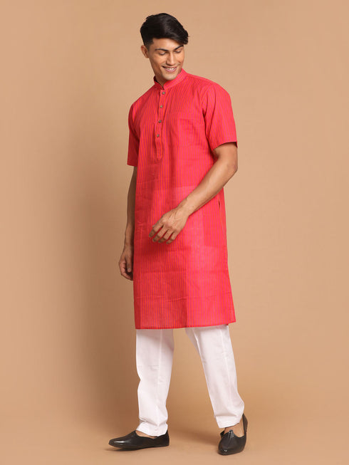 Vastramay Men's Pink Striped Kurta with White Pant style Cotton Pyjama Set