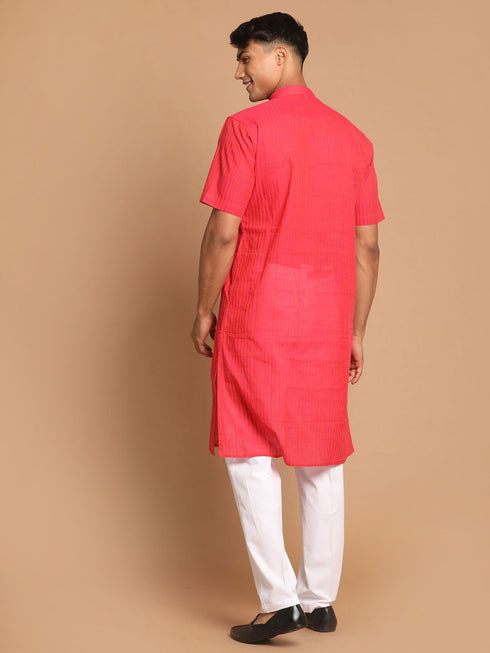 Vastramay Men's Pink Striped Kurta with White Pant style Cotton Pyjama Set