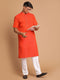 Vastramay Men's Orange Striped Kurta With White Pant style Cotton Pyjama Set
