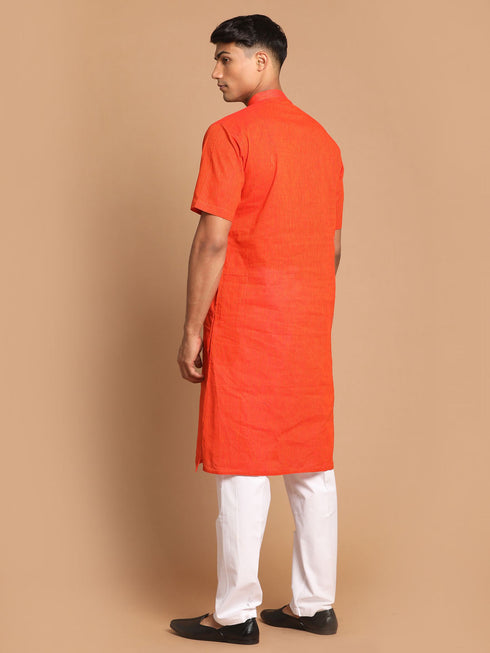 Vastramay Men's Orange Striped Kurta With White Pant style Cotton Pyjama Set