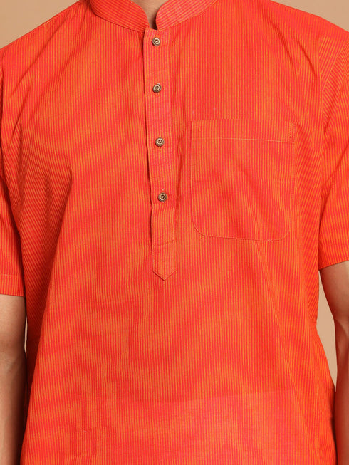 Vastramay Men's Orange Striped Kurta With White Pant style Cotton Pyjama Set