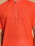 Vastramay Men's Orange Striped Kurta With White Pant style Cotton Pyjama Set
