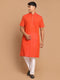Vastramay Men's Orange Striped Kurta With White Pant style Cotton Pyjama Set