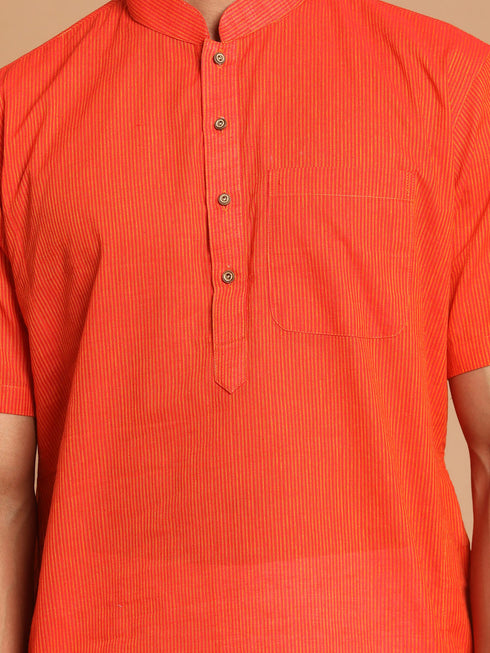 Vastramay Men's Orange Striped Kurta With White Pant style Cotton Pyjama Set