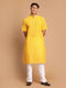 Vastramay Men's Yellow Striped Kurta with White Pant style Cotton Pyjama Set