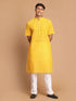 Vastramay Men's Yellow Striped Kurta with White Pant style Cotton Pyjama Set