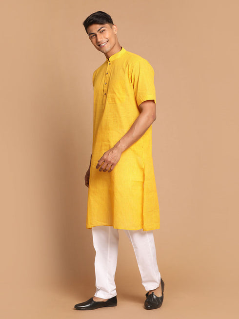 Vastramay Men's Yellow Striped Kurta with White Pant style Cotton Pyjama Set