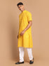 Vastramay Men's Yellow Striped Kurta with White Pant style Cotton Pyjama Set