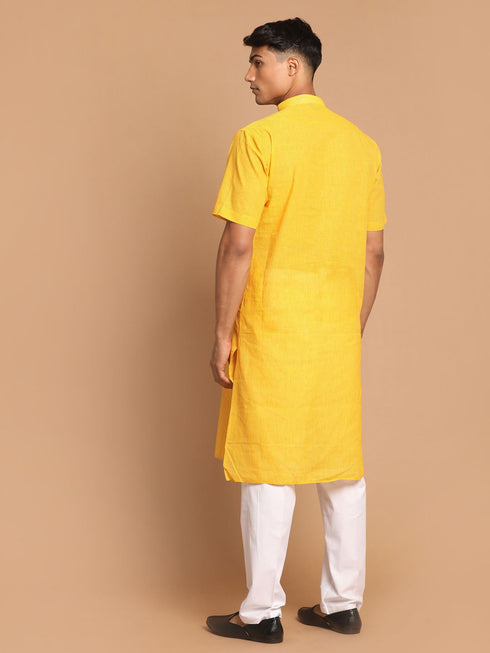 Vastramay Men's Yellow Striped Kurta with White Pant style Cotton Pyjama Set