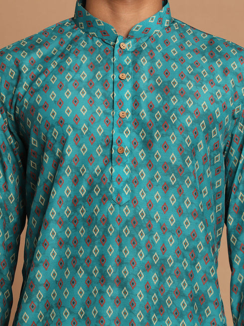 Vastramay Men's Green Ethnic Kurta with Cream Pyjama Set
