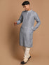 Vastramay Men's Grey Striped Kurta with Cream Pyjamas Set