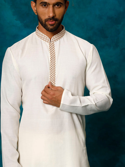 Vastramay Men's Cream Cotton Blend Kurta Pyjama Set