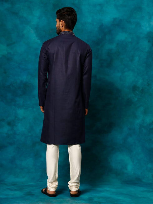 Vastramay Men's Navy Blue And Cream Cotton Blend Kurta Pyjama Set