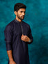 Vastramay Men's Navy Blue And Cream Cotton Blend Kurta Pyjama Set