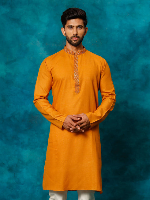 Vastramay Men's Rust Cotton Blend Ethnic Kurta