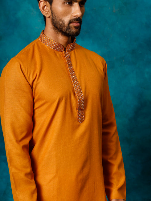 Vastramay Men's Rust Cotton Blend Ethnic Kurta