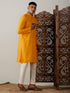 Vastramay Men's Yellow And Cream Solid Kurta With Pant Style Cotton Pyjama Set