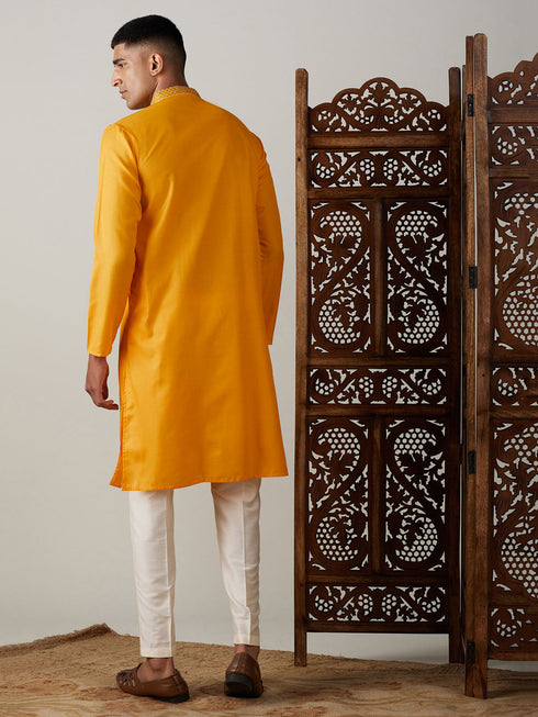 Vastramay Men's Yellow And Cream Solid Kurta With Pant Style Cotton Pyjama Set