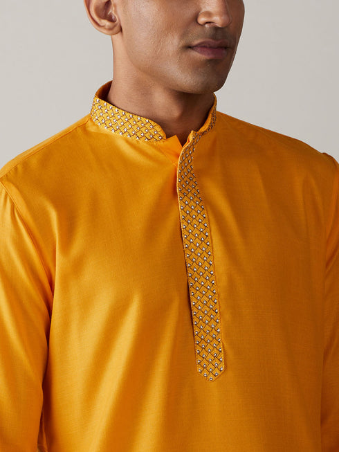 Vastramay Men's Yellow And Cream Solid Kurta With Pant Style Cotton Pyjama Set
